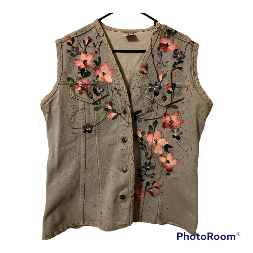 Watch L.A. Sleeveless Floral Print Design Denim Jacket / Vest Women’s XL